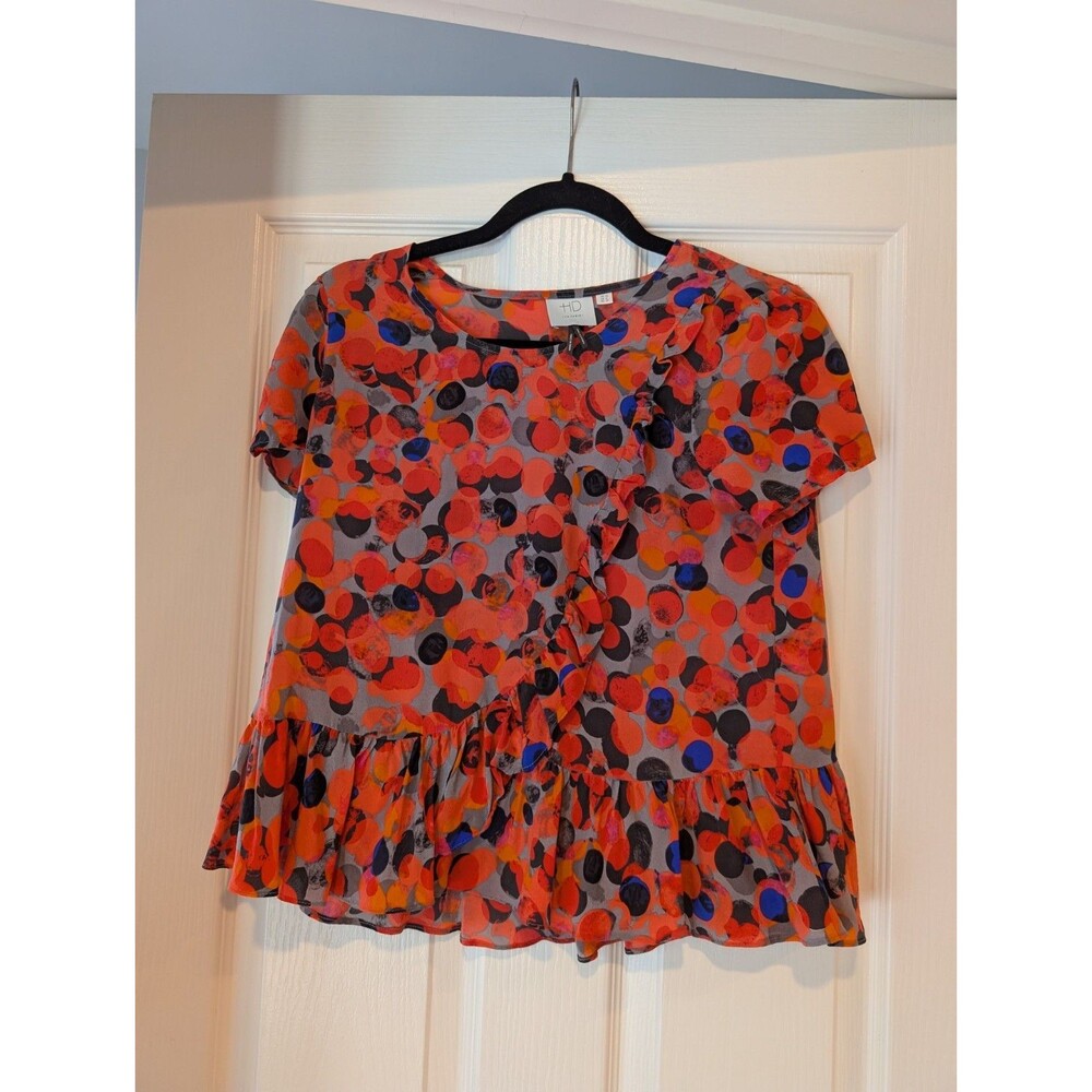 HD In Paris Anthropologie Silk Coral Black Printed Ruffle Blouse Top  Size 0
